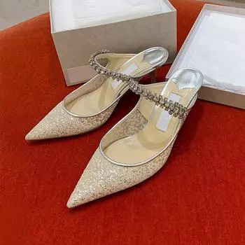 2024 Новинка Весна и Осень Свадебные туфли на шпильке с острыми краями, цепочкой из стразов и пайетками в стиле феи Мэри Джейн 35