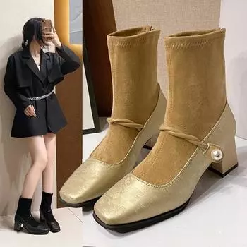 2024 НовинкаБотинки на толстом каблуке, черные, абрикосовые, флок, женские зимние туфли, элегантные, короткие, с высоким каблуком, женские 35 чёрный