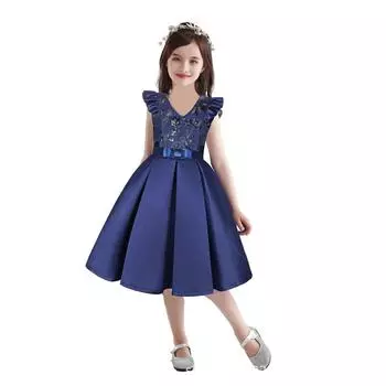 2024 Новое детское платье принцессы в европейском и американском стиле с пайетками и рукавами-бабочками - Пышная одежда для вечеринок и свадеб 110cm шампанского