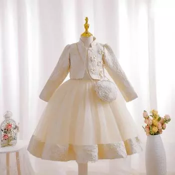 2024 Новое детское платье с длинными рукавами для дня рождения, элегантное вечернее платье, пышное платье принцессы для девочек 100 шампанского
