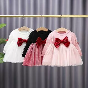 2024 Новое детское весенне-осеннее платье для девочек, сетчатое платье с бантом для девочки, платье принцессы с длинными рукавами на день рождения для детей 0-4 лет 80 розовый