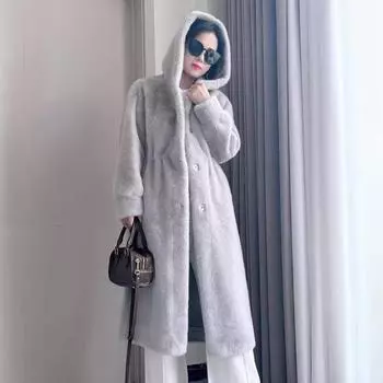 2024 новое длинное пальто большого размера с капюшоном из искусственного меха с плюшем и искусственным мехом, шуба из искусственной норки L