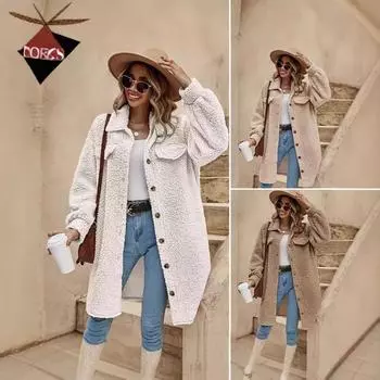 2024 Новое европейское и американское зимнее плюшевое пальто с открытым воротником, свободное длинное пальто для женщин S слоновая кость