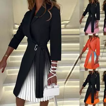 Новое модное плиссированное платье миди с V-образным вырезом и поясом на талии, платье-трапеция с цветными блоками и рукавами 3/4, плиссированное платье с ремешками на талии S оранжевый