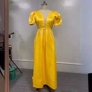 2024 новое модное желтое платье-маятник с длинным V-образным вырезом и высокой талией, модное сексуальное вечернее платье S жёлтый