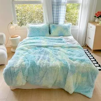2024 Новое одеяло из норки с высоким весом, длинношерстное флисовое одеяло из PV флиса, двухслойное одеяло из ткани 1pc pillowcase морская волна