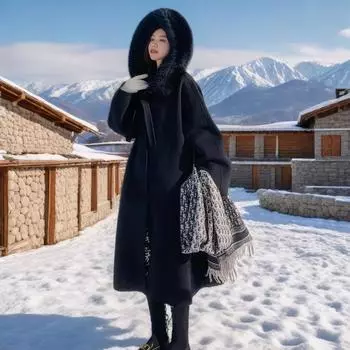 2024 новое осенне-зимнее красное шерстяное пальто свободное с капюшоном большой меховой воротник шерстяное пальто длинное женское S красный