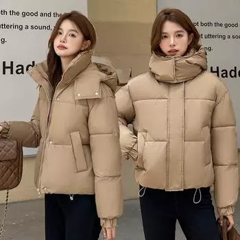 2024 Новое осенне-зимнее модное однотонное хлопковое пальто, утолщенное свободное повседневное хлопковое пальто, повседневная теплая куртка с капюшоном L чёрный