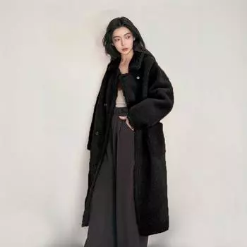 2024 новое осенне-зимнее пальто из гранулированного флиса с отворотом выше колена, длинная куртка из экологически чистого меха для женщин S чёрный