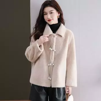 2024 новое осенне-зимнее пальто из искусственной норки с капюшоном для женщин, небольшое свободное и тонкое утолщенное пальто с пряжкой M [recommended 95-55kg]