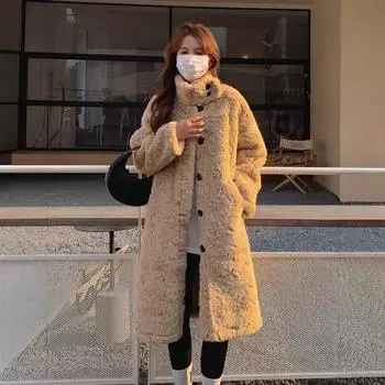 2024 новое пальто из овечьей шерсти, женское зимнее свободное меховое пальто со стоячим воротником средней и длинной длины из плюша S