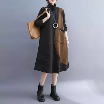 2024 новое платье-водолазка с длинными рукавами в цвете для женщин L чёрный