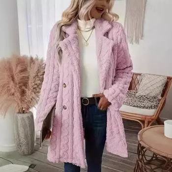 2024 Новое плюшевое пальто в европейском и американском стиле, удобный теплый костюм с воротником, двубортное меховое пальто S розовый