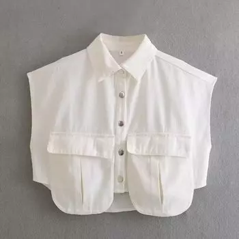 2024 Новое поступление Мода Ветер Мода Трендовая женская водолазка с коротким рукавом Рубашка с большим карманом Джинсовая рубашка Топ 3 цвета White S