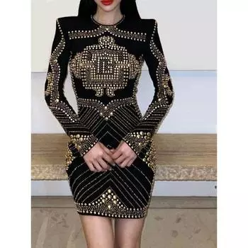 2024 Новое поступление Мода Звезда Тяжелая промышленность Бронзовые Пайетки Блестящее Платье-футляр с длинными рукавами Вечернее платье White Hot Metal Sequin S