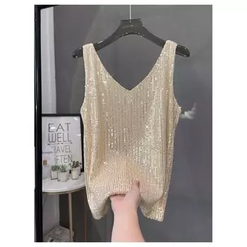 2024 Новое поступление Модный жилет с пайетками с V-образным вырезом Внутренний базовый топ для костюма Верхняя одежда Сверкающие топы Champagne gold All yards