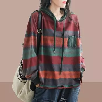 2024 Новое поступление Осень Art Style Женские повседневные толстовки с капюшоном Воротник Полосатые пуловеры Длинный рукав Дизайн отверстий Хлопковая толстовка P623 One Size зелёный