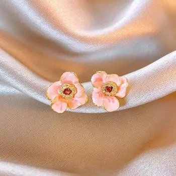 2024 Новое поступление Темпераментные сладкие розовые хрустальные серьги-гвоздики с масляным цветком для женщин Модные милые элегантные ювелирные изделия Подарки розовый