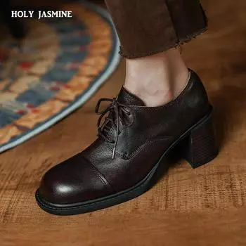 2024 Новое поступление Женские туфли-лодочки в стиле панк на высокой платформе Сексуальные туфли с круглым носком и перекрестными шнурками Модные туфли Женские кожаные туфли на платформе с комфортом 34 чёрный