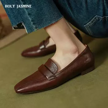 2024 Новое поступление Женские туфли на низком каблуке с квадратным носком из натуральной кожи Повседневные офисные рабочие туфли в стиле ретро для женщин Весна-Лето 34 чёрный