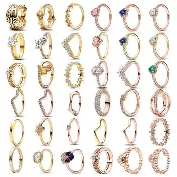 2024 Новое позолоченное серебряное кольцо 925 пробы с цирконием, сверкающее двойное кольцо в форме сердца для женщин, оригинальное кольцо Pandor, ювелирные изделия 6