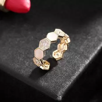 2024 Новое простое ювелирное изделие Tide Zircon Shell Шестиугольное открытое кольцо на указательный палец с ромбом и геометрическим узором Opening adjustable золотой