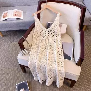 2024 Новое Сексуальное Кружевное Вязаное Платье Женское Ажурное Длинный Жилет Летние Свободные Базовые Топы С Круглым Вырезом Футболки Стиль Dimanaf One Size