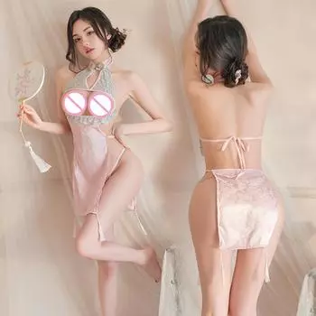 2024 Новое сексуальное женское нижнее белье Китайское традиционное чонсам Полое перспективное платье Эротическая мини-юбка Эротическое безрукавное ципао XXS