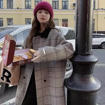2024 новое шерстяное пальто в клетку в стиле ретро средней и длинной длины, универсальное шерстяное пальто в Корейском стиле на осень и зиму S