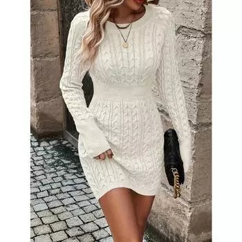 2024 Новое универсальное платье-свитер с круглым вырезом из трикотажного переплетения XS бежевый