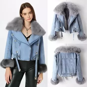 2024 Новое женское джинсовое пальто с воротником из искусственного меха лисы, зимняя куртка, женские короткие теплые парки, подкладка из кроличьей шерсти, верхняя одежда, модное пальто M синий