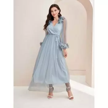 2024 Новое женское летнее платье, сетчатая кружевная длинная юбка с длинными рукавами, элегантное вечернее платье