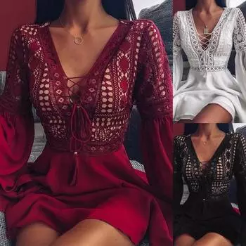 2024 Новое женское модное мини-платье со шнуровкой спереди и кружевной отделкой, V-образным вырезом, расклешенным длинным рукавом, трикотажное, с тонкой талией, А-силуэта, мини-платья S-2XL S чёрный