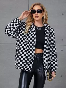 2024 новое женское пальто из искусственного меха в черно-белую клетку короткое женское пальто геометрия S