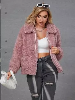 2024 новое женское пальто из искусственного меха на молнии, короткое женское пальто из однотонной овечьей шерсти S