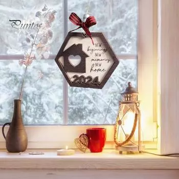 2024 Новогоднее подвесное украшение Новое начало Новые воспоминания Новый дом Бантик Деревянное ремесло Многоразовый декор рождественской елки Кулон Праздничные принадлежности коричневый