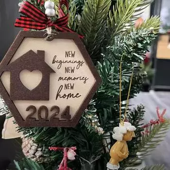 2024 Новогоднее подвесное украшение Новое начало Новые воспоминания Новый дом Бантик Деревянное ремесло Многоразовый декор рождественской елки Кулон Праздничные принадлежности коричневый