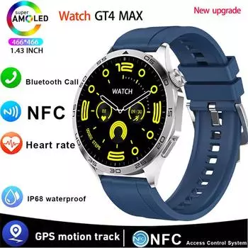 2024 Новые 4 Pro Смарт-часы для мужчин NFC GPS-трекер AMOLED 466*466 HD экран Heart Rate Bluetooth Call SmartWatch Silicone синий