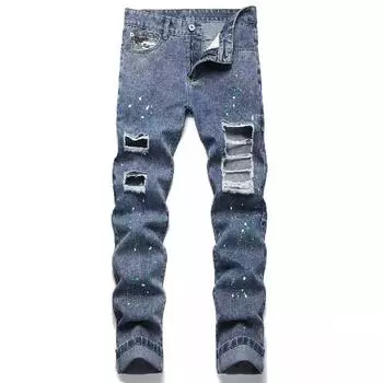 2024 Новые эластичные заплатки на коленях с персонализированной точечной покраской джинсы для мужчин Камуфляжные джинсы для мужчин 28 синий