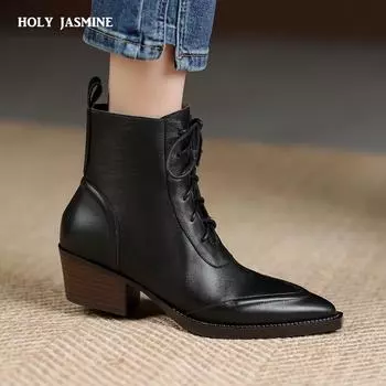 2024 Новые элегантные женские ботильоны на шнуровке, женская обувь на осень-зиму из натуральной кожи на толстом высоком каблуке, офисные женские ботинки 34 чёрный