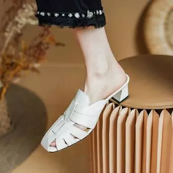 2024 Новые элегантные женские туфли-лодочки из натуральной кожи на толстом высоком каблуке, весна-лето, удобная повседневная обувь, женские тапочки Muller, сандалии 34 коричневый