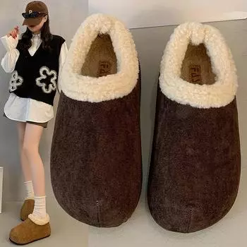 2024 новые бархатные теплые зимние хлопковые туфли для женщин, чтобы носить ленивые тапочки с одной педалью на толстой подошве, пушистые туфли 35 темно-коричневого