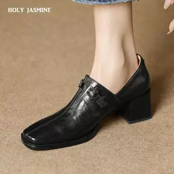 2024 Новые базовые женские туфли-лодочки весна-лето из натуральной кожи с квадратным носком и толстым каблуком, офисная женская рабочая обувь в стиле ретро для женщин зрелого возраста 34 чёрный