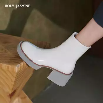 2024 Новые белые зимние женские туфли из натуральной кожи женские ботинки на платформе массивные ботинки женские однотонные женские туфли ботинки на высоком каблуке 4