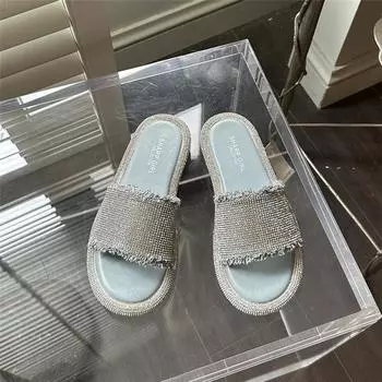 2024 Новые блестящие модные женские тапочки со стразами для улицы, женские римские туфли, сандалии на плоской подошве, женские повседневные пляжные шлепанцы с кристаллами 35 чёрный