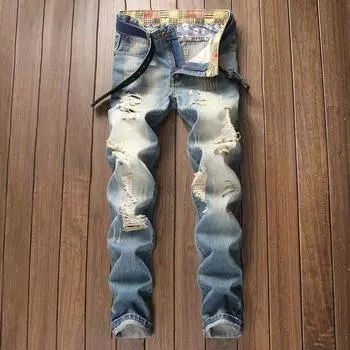 2024 Новые Большие Ностальгические Джинсы Модные Потертые Молодежные Уличные Пирсинг Модные Брендовые Джинсовые Брюки 28 синий