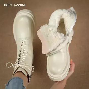 2024 Новые Большие Размеры 34-42 Натуральная Кожа Зимние Ботинки Ботильоны Модные Ботинки На Шнуровке Натуральная Шерсть Сохраняют Тепло Женские Ботинки На Платформе 4 чёрный