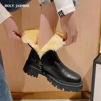 2024 Новые Большие Размеры 34-42 Натуральная Кожа Зимние Ботинки Ботильоны Модные Ботинки На Шнуровке Натуральная Шерсть Сохраняют Тепло Женские Ботинки На Платформе 4 чёрный