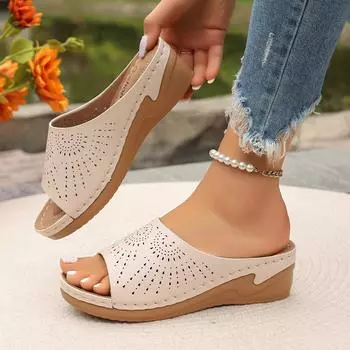 2024 новые большие размеры сандалии с круглым носком в стиле ретро однотонные сандалии с ажурной застежкой на танкетке большого размера женская обувь мода 36 белый