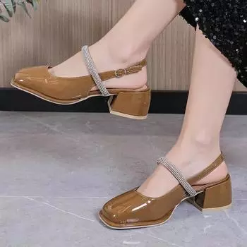 2024 Новые босоножки Мэри Джейн на среднем каблуке с высоким каблуком, летние одинарные туфли на толстом каблуке с пряжкой и ремешком, повседневные босоножки Baotou, размер 35 бежевый